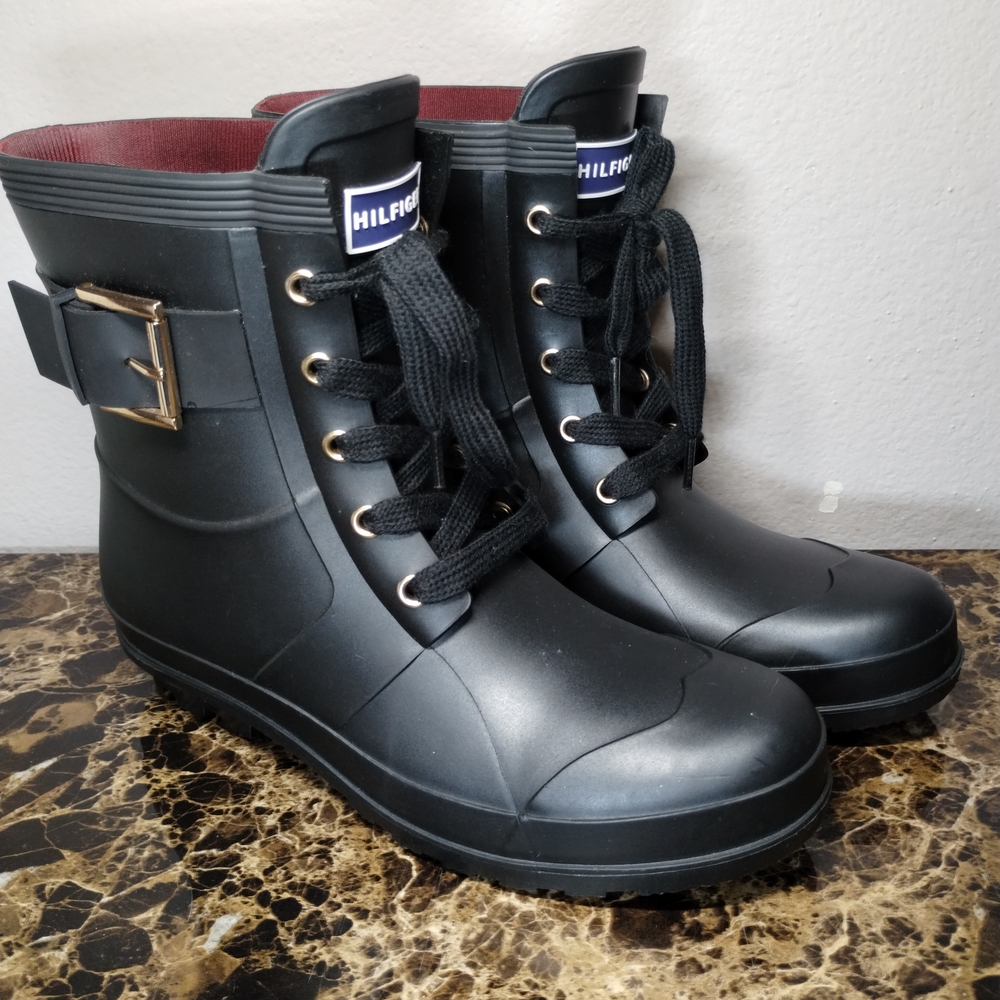 Hilfiger Women Black Rain Boots with Buckle Size 8